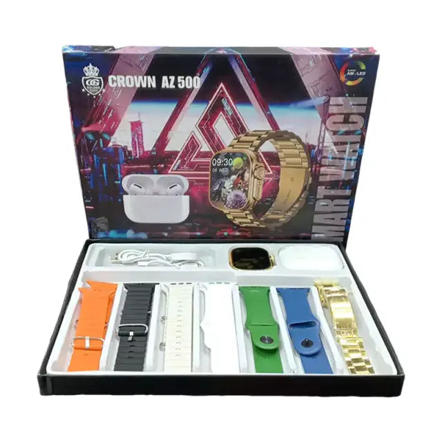 CROWN AZ500 Smart Watch Combo Set - Watch, Earbuds & 6 Straps (7-in-1/8-in-1)