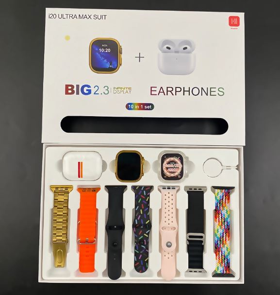 i20 Ultra Max Suit – Big 2.3” Display Smartwatch + Earphones | 10 in 1 Premium Set