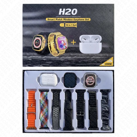 ⌚ H20 Smart Watch + Earbuds – 10-in-1 Complete Set | 49mm Ultra | 7 Straps | Golden Edition