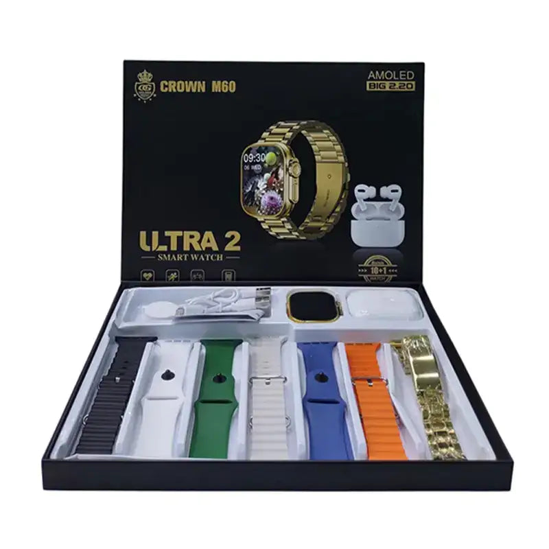 CROWN M60 Ultra 2 Smart Watch - 8+1 Straps, Wireless Earbuds & Big 2.20" AMOLED Screen