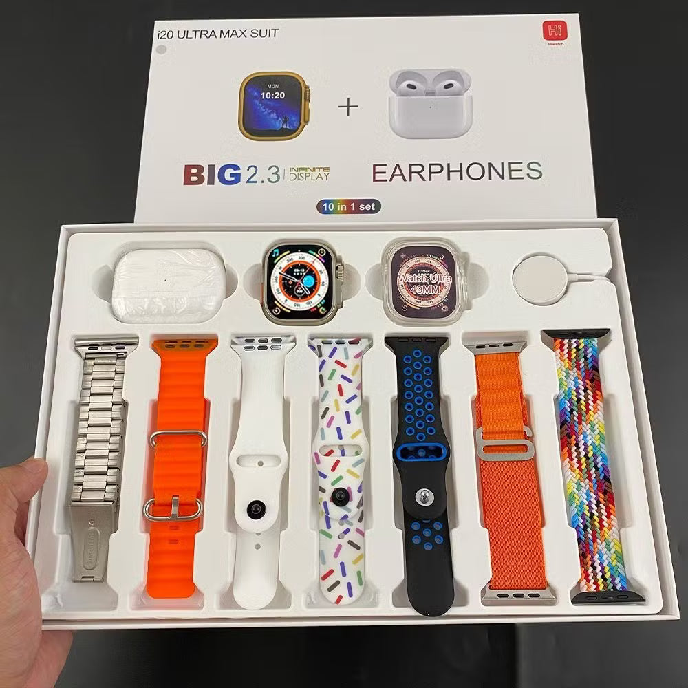 i20 Ultra Max Suit – Big 2.3” Display Smartwatch + Earphones | 10 in 1 Premium Set