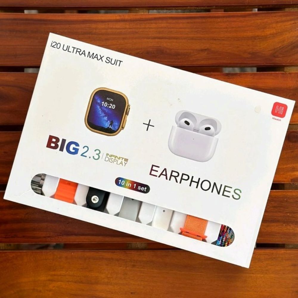 i20 Ultra Max Suit – Big 2.3” Display Smartwatch + Earphones | 10 in 1 Premium Set